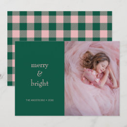 Modern Merry & Bright Christmas Green & Pink Photo Holiday Card