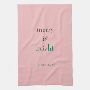Modern Merry & Bright Christmas Holiday Green Pink Kitchen Towel