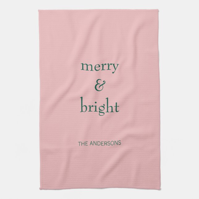 Modern Merry & Bright Christmas Holiday Green Pink Kitchen Towel (Vertical)