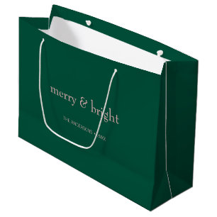 Modern Merry & Bright Christmas Holiday Green Pink Large Gift Bag