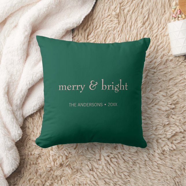 Modern Merry & Bright Christmas Holiday Green Pink Throw Pillow (Blanket)