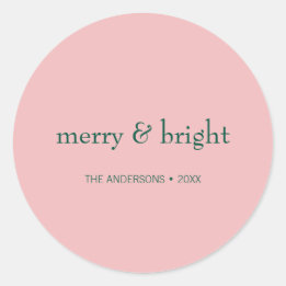 Modern Merry & Bright Christmas Holiday Pink Green Classic Round Sticker