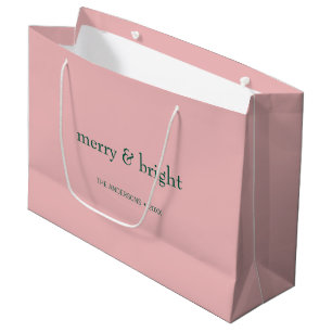 Modern Merry & Bright Christmas Holiday Pink Green Large Gift Bag