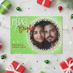 Modern Merry & Bright Christmas Lights Green Holiday Card