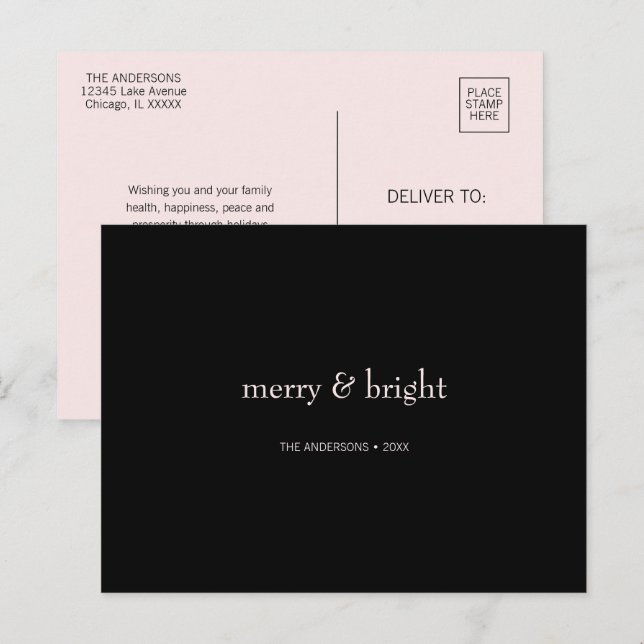 Modern Merry & Bright Christmas Pink and Black Holiday Postcard (Front/Back)
