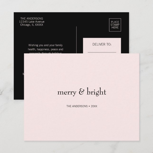 Modern Merry & Bright Christmas Pink and Black Holiday Postcard (Front/Back)
