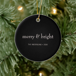 Modern Merry & Bright Christmas Pink Black Holiday Ceramic Ornament