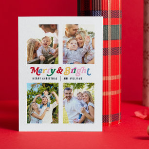 Modern Merry & Bright Colourful Retro 4 Photo Holiday Card
