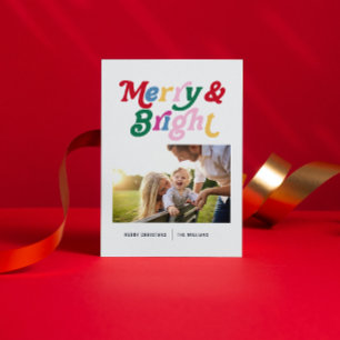 Modern Merry & Bright Colourful Retro Photo Holiday Postcard