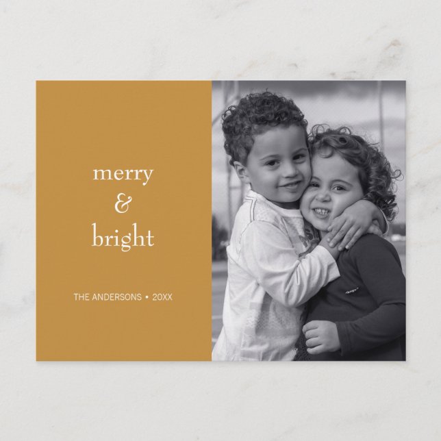 Modern Merry & Bright Gold Christmas Photo Holiday Postcard (Front)