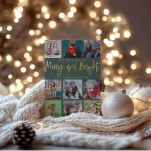 Modern Merry & Bright Green & Faux Gold Christmas Holiday Card