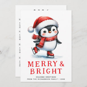 Modern Merry Bright Ice Skating Penguin Christmas Holiday Card