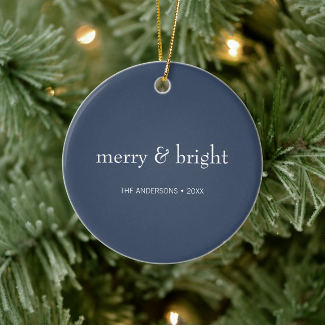 Modern Merry & Bright Navy Christmas Holiday Photo Ceramic Ornament (Tree)