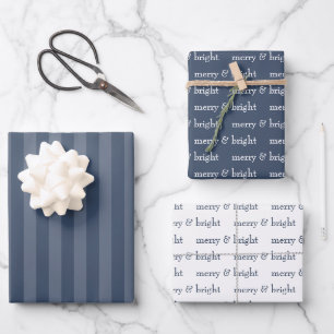 Modern Merry & Bright Navy Christmas Holiday Wrapping Paper Sheet