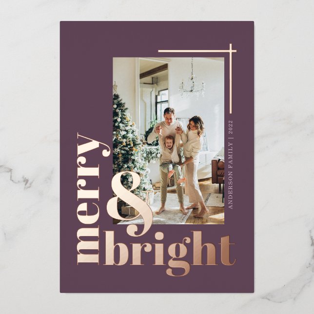 Modern Merry & Bright Photo Lavender Christmas Foil Holiday Card (Front)