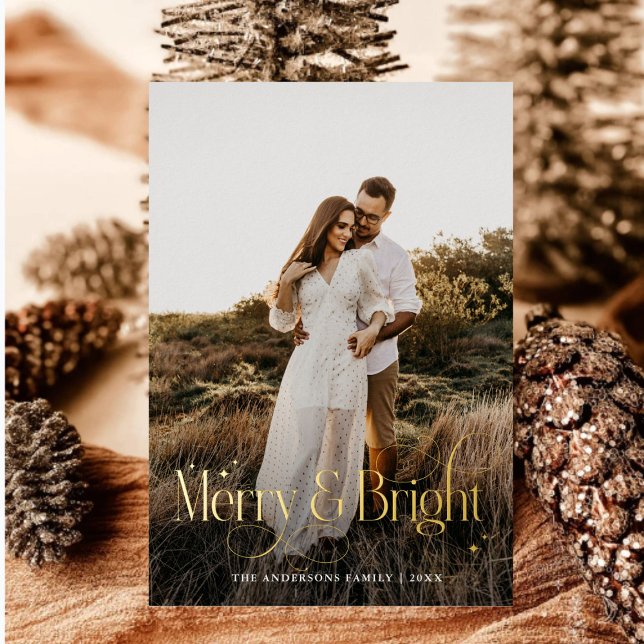 Modern Merry & Bright Photo plaid Tartan Foil Holiday Card (Creator Uploaded)