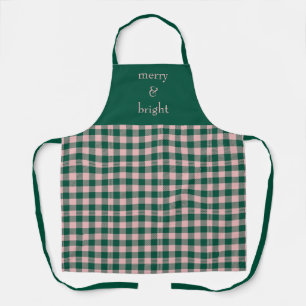 Modern Merry & Bright Pink & Green Plaid Holiday Apron