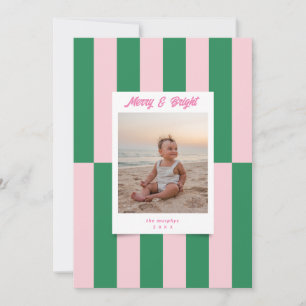 Modern Merry & Bright Pink & Green Stripes Holiday Card