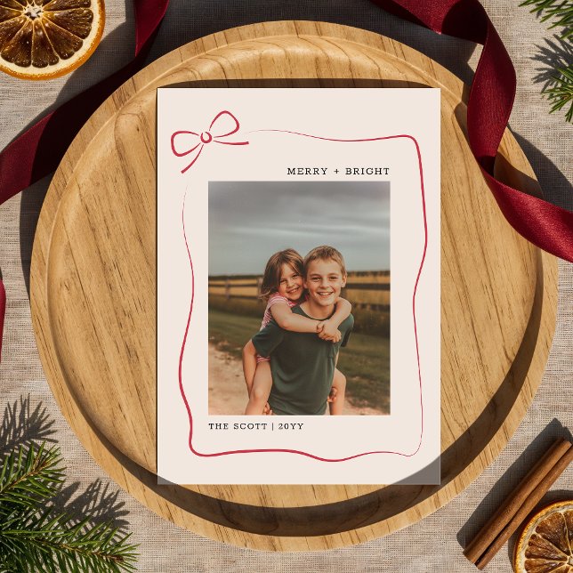 Modern Merry Bright Red Bow Family Photo Christmas Holiday Card (Creator Uploaded)