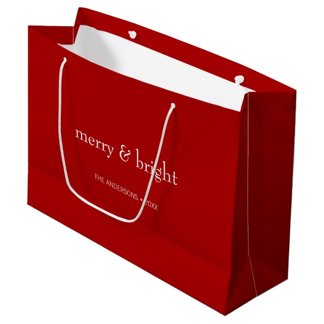 Modern Merry & Bright Red Christmas Holiday Large Gift Bag (Front Angled)