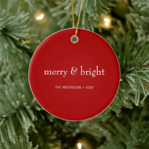 Modern Merry & Bright Red Christmas Holiday Photo Ceramic Ornament