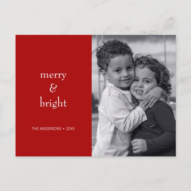 Modern Merry & Bright Red Christmas Photo Holiday Postcard (Front)