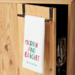 Modern Merry & Bright Retro Colourful Christmas  K Kitchen Towel<br><div class="desc">Modern Minimalist Merry & Bright Retro Colourful Christmas Family  PhotoScript  Boho Christmas cards Stripes
message for any customs or enquiries.</div>