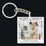 Modern Merry & Bright Simple Colourful One Photo Keychain<br><div class="desc">Customizable text and photo,  Modern simple one-photo design with colourful "Merry and bright" typography in pink,  green,  and red colours.</div>