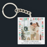 Modern Merry & Bright Simple Colourful One Photo Keychain<br><div class="desc">Customizable text and photo,  Modern simple one-photo design with colourful "Merry and bright" typography in pink,  green,  and red colours.</div>