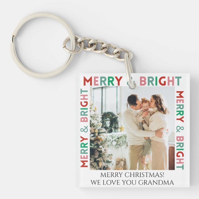 Modern Merry & Bright Simple Colourful One Photo Keychain (Front)