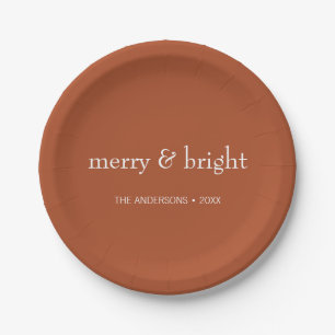 Modern Merry & Bright Terracotta Christmas Holiday Paper Plate