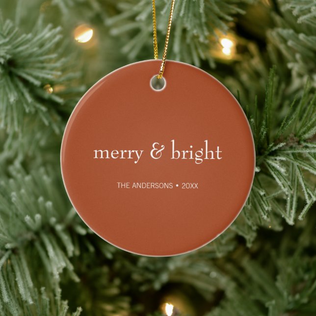 Modern Merry & Bright Terracotta Christmas Photo Ceramic Ornament (Tree)