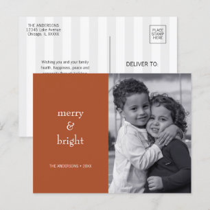 Modern Merry & Bright Terracotta Christmas Photo Holiday Postcard
