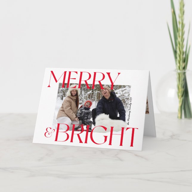 Modern Merry & Bright Typography 3 Photo Christmas Holiday Card (Front)