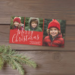 Modern Merry Christmas 3 photo can change red Holiday Card<br><div class="desc">A modern calligraphy font is used to make this family friendly design. PHOTO CARD TIP: Insert all of your information, and if it is still not quite how you want it: Click on customize ---- to resize the photos and make them exactly how you would like them to look! Merry...</div>