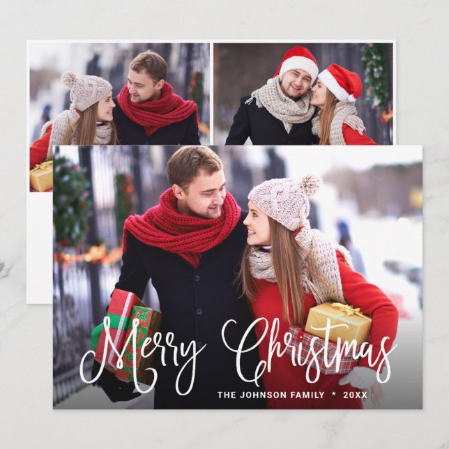 Modern Merry Christmas 3 PHOTO Greeting Holiday Card (Front/Back)