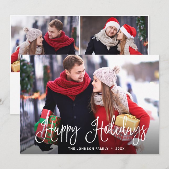 Modern Merry Christmas 3 PHOTO Greeting Holiday Card (Front/Back)