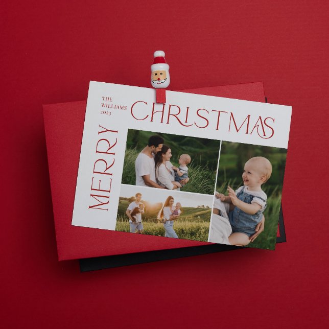 Modern Merry Christmas 3 Photo Red Typography Holiday Card (Spread the magic of the holidays with these beautiful cards 🎅🏼❤️)