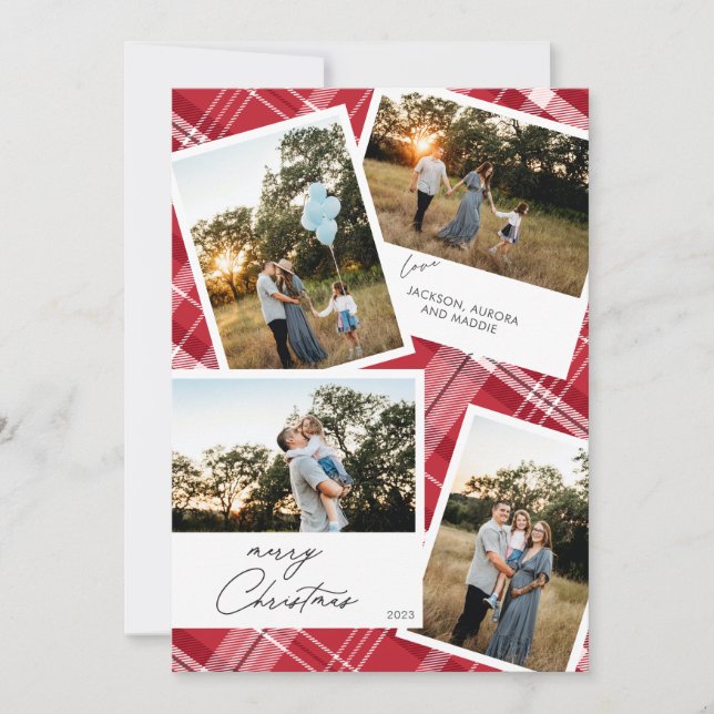 Modern Merry Christmas 4 photo Red Plaid Holiday Card (Front)