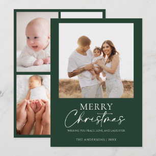 Modern Merry Christmas 5 Photo Dark Green Holiday Card