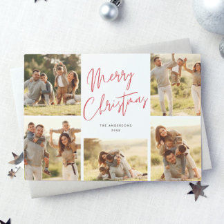 Modern Merry Christmas | 5 Photo, Red Script Holiday Card