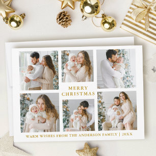 Modern Merry Christmas 6 Photo Gold Holiday Card