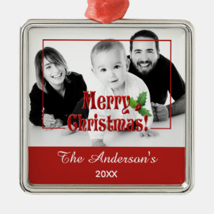 Modern Merry Christmas and Holly Custom Photo Red Metal Ornament