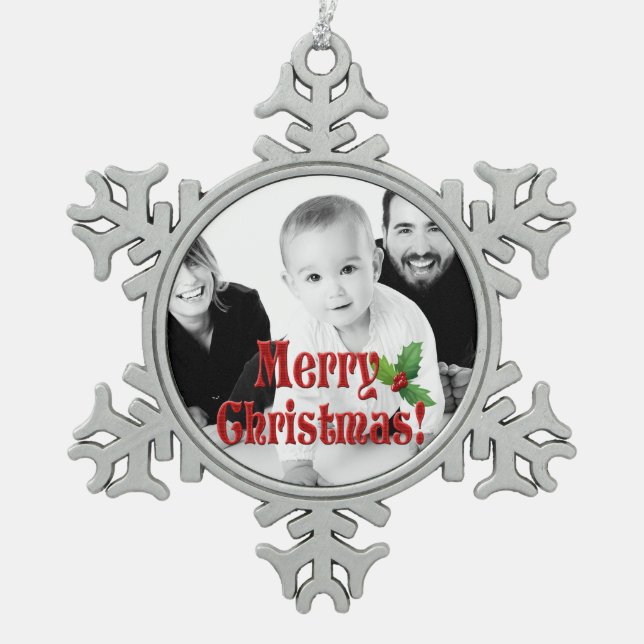 Modern Merry Christmas and Holly Custom Photo Snowflake Pewter Christmas Ornament (Front)
