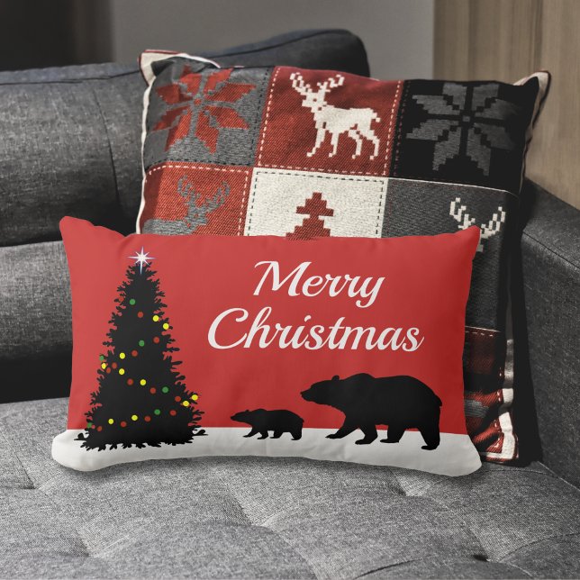 Modern Merry Christmas Bears Lumbar Pillow (Creator Uploaded)