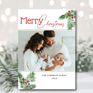 Modern Merry Christmas Berry Greenery 2 Photo Holiday Card