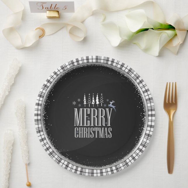 Modern Merry Christmas Black White Plaid Elegant Paper Plate (Wedding)