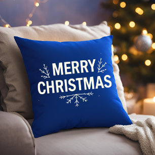 Modern Merry Christmas Blue Script Family Throw Pillow