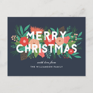 Modern Merry Christmas Bold Floral Family Name  Holiday Postcard