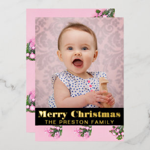 Modern Merry Christmas Bold Typography 2 Photo Foil Holiday Card